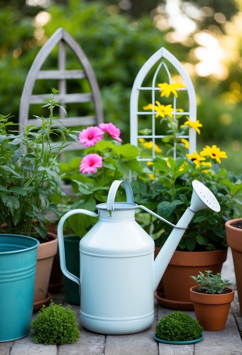 A milk jug repurposed as a watering can, surrounded by various budget-friendly garden ideas like potted plants, DIY trellises, and upcycled containers