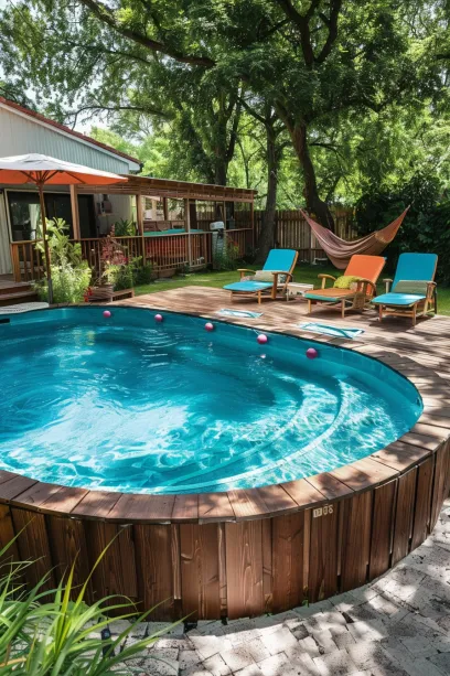 backyard above ground pool Adjacent Lounges lounge chairs and hammocks