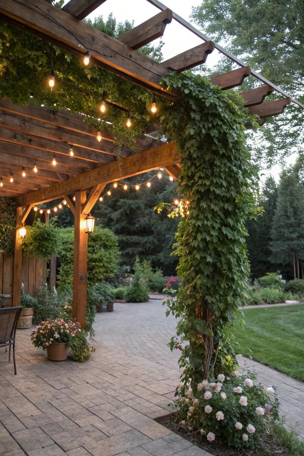 A wooden pergola adds structure and charm to the patio.