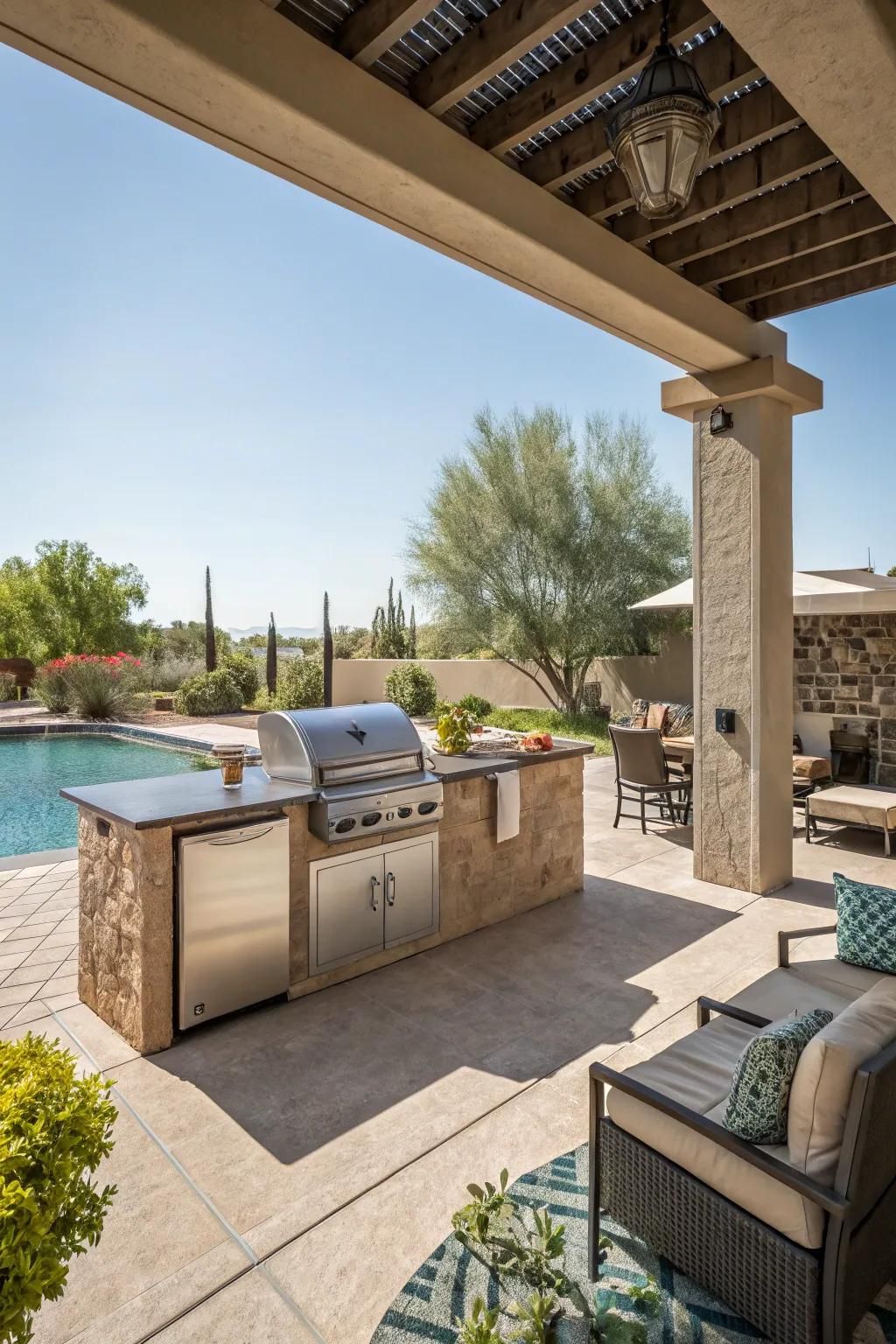 Outdoor kitchens make alfresco dining by the pool convenient and enjoyable.