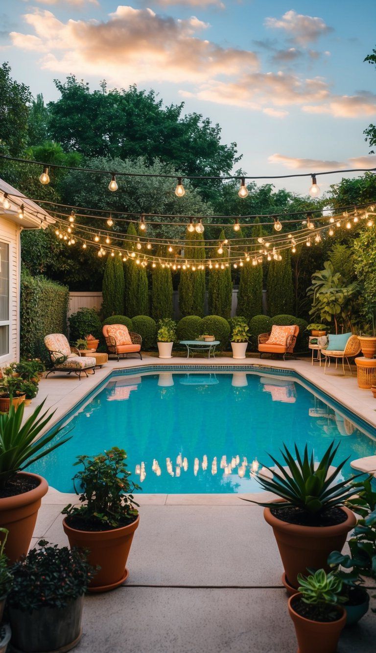 A lush backyard with a pool surrounded by vintage-inspired landscaping, including retro furniture, string lights, and potted plants