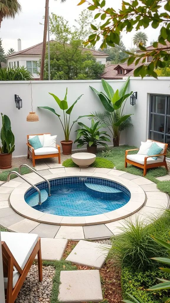 A small garden area featuring a hot tub, two lounge chairs, and lush greenery.