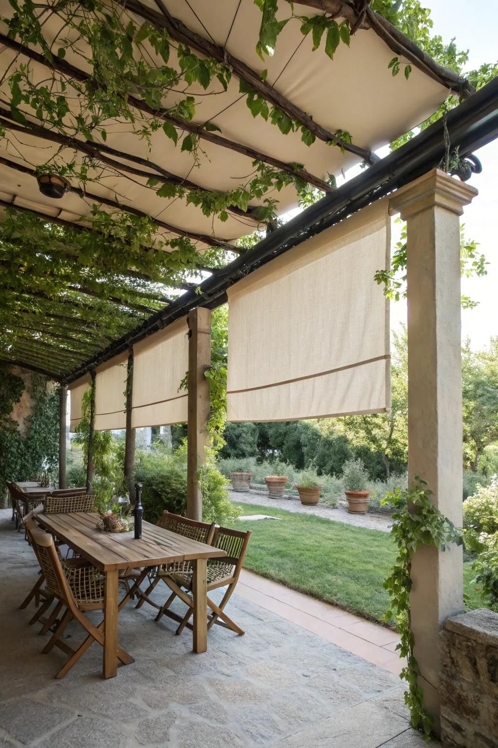 Fabric roll-up shades offer casual and adjustable coverage.