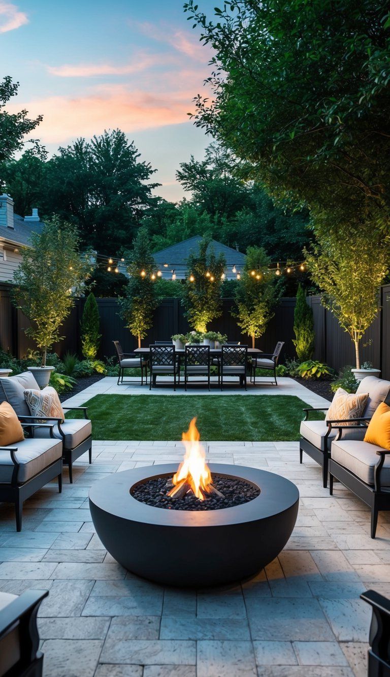 A spacious backyard patio with a built-in fire pit, comfortable seating, and a dining area surrounded by lush greenery and soft outdoor lighting