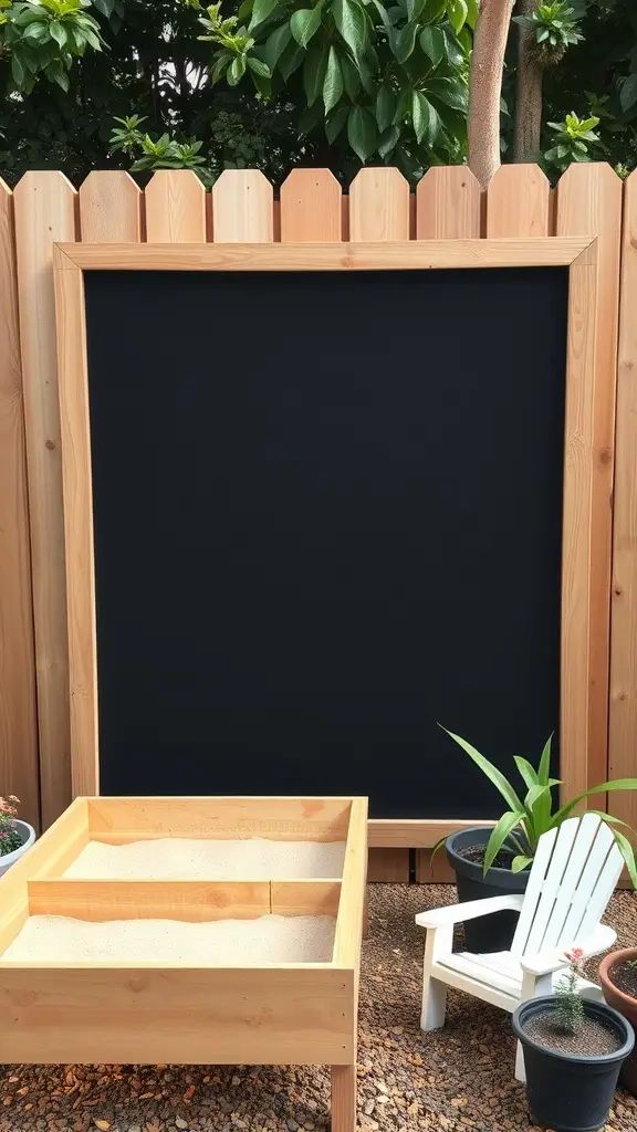 A backyard featuring a wooden privacy fence with a large outdoor chalkboard wall, a sandbox, and a white chair surrounded by potted plants.