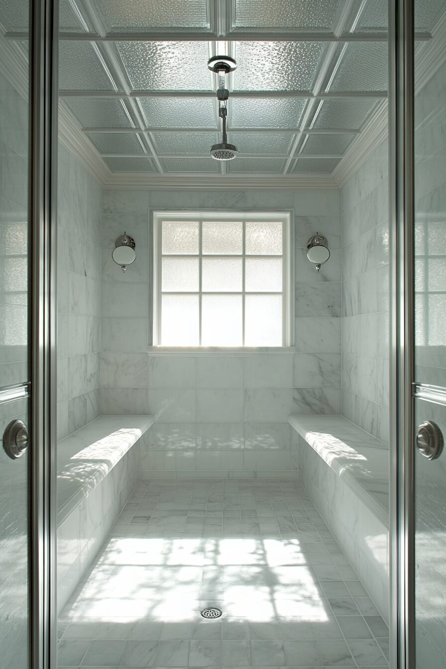 Pool house. Luxe indoor shower with glass ceiling and Carrera marble tiles.