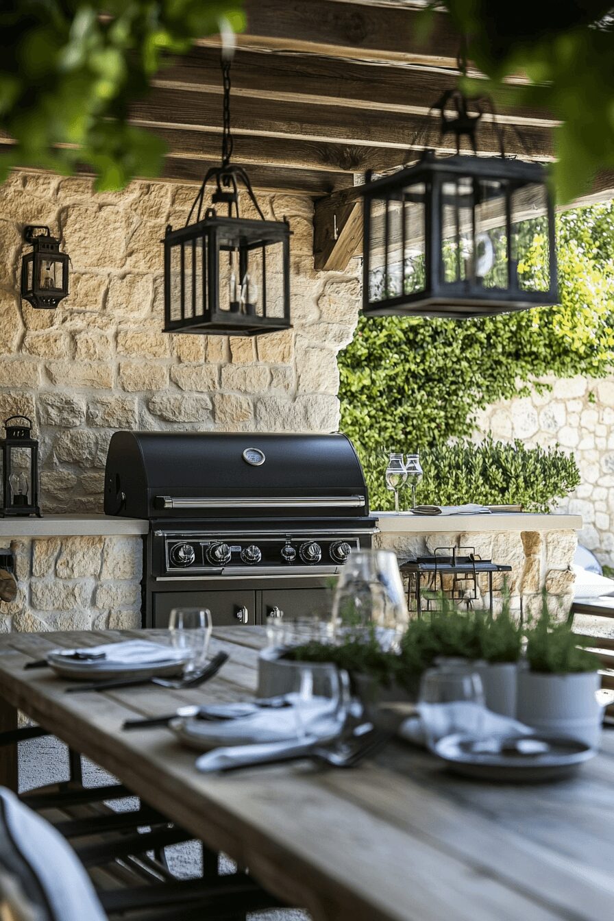 A classic outdoor kitchen featuring a built-in grill with stone accents, a wooden dining table, and vintage-style lanterns hanging above for a cozy ambiance.
