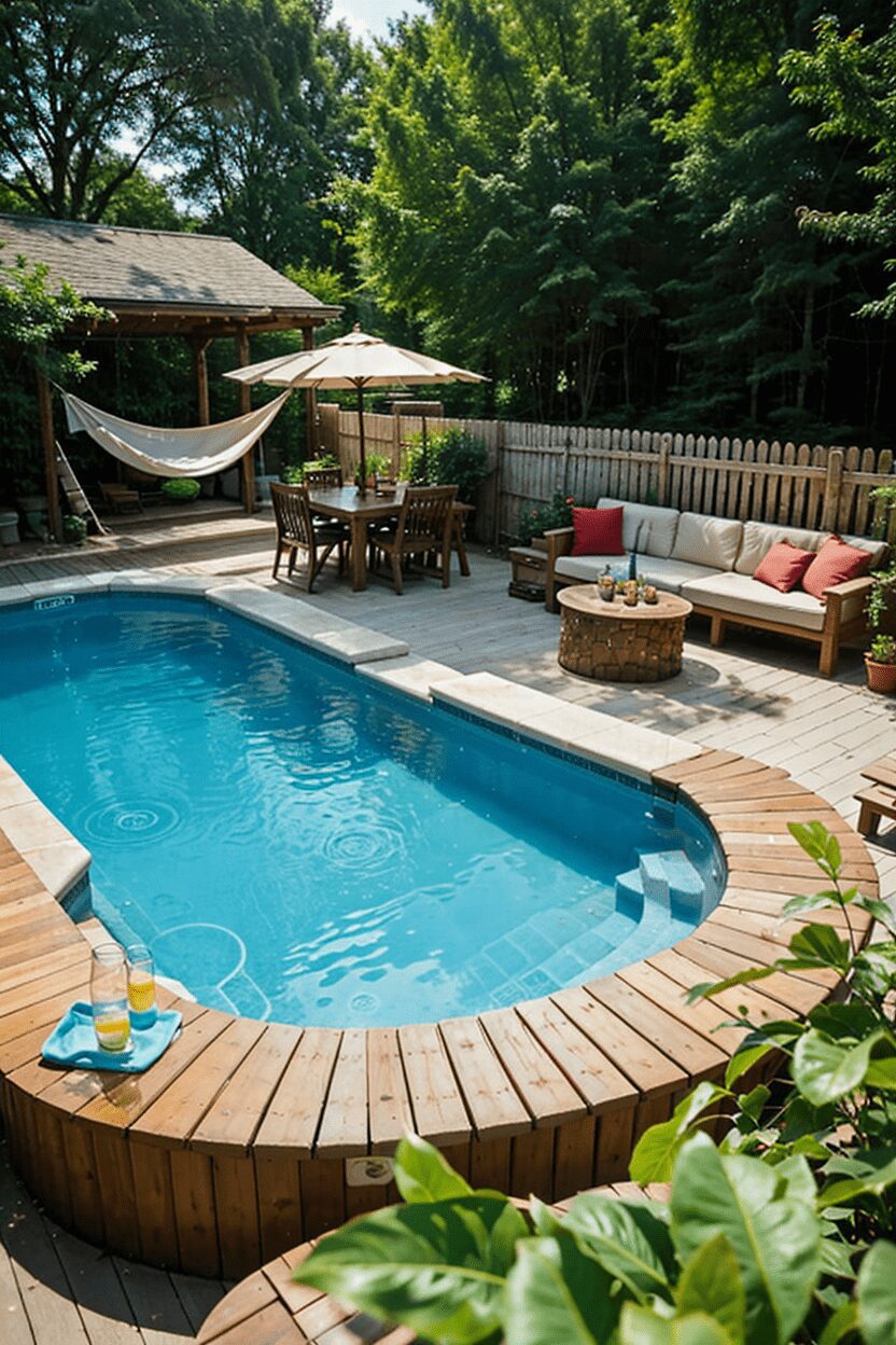 Close-up of a poolside seating area with a cushioned chair, vibrant pillows, and a side table holding a drink and a magazine, set against the backdrop of shimmering pool water and greenery-