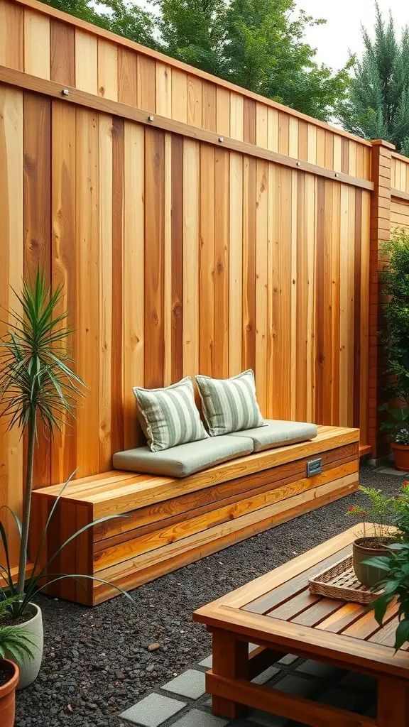 A wooden privacy fence with a built-in bench and cushions, surrounded by plants.