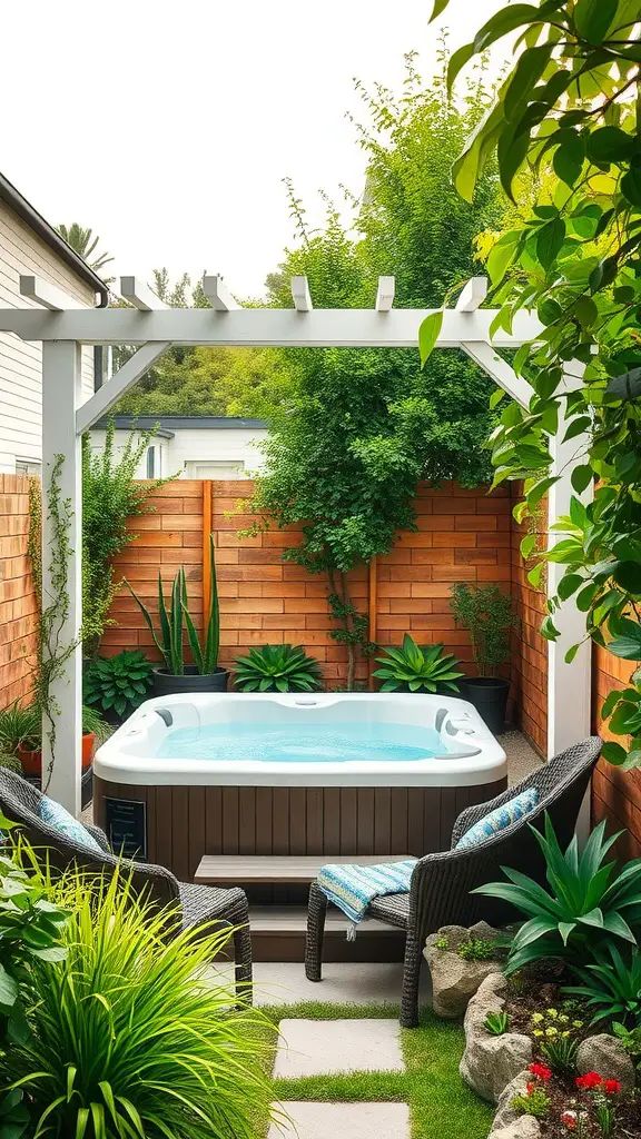 A small garden featuring a hot tub surrounded by green plants and cozy seating.