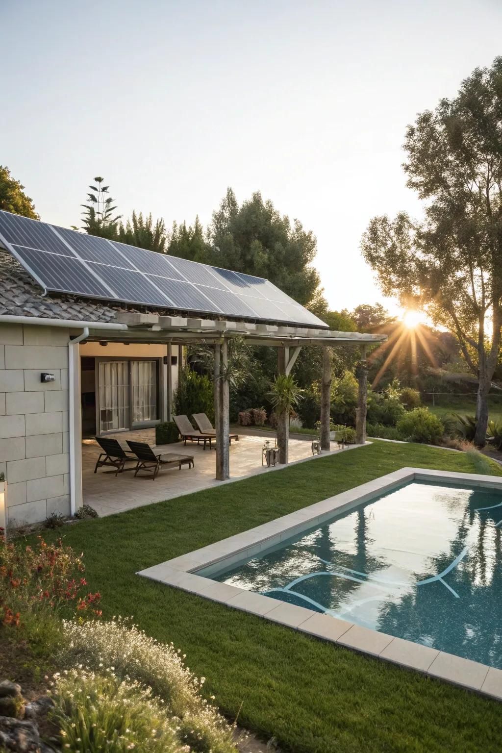 Solar panels efficiently capture and use solar energy for pool heating.