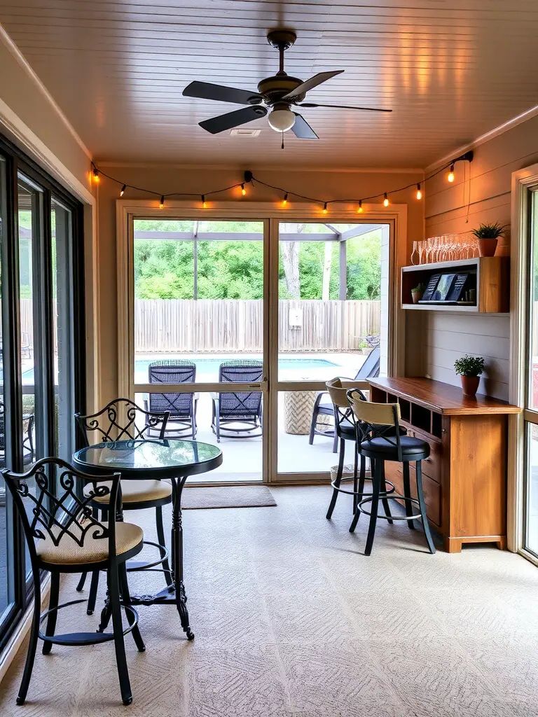 A cozy screened back porch featuring a built-in bar with stylish stools and string lights, overlooking a pool area.