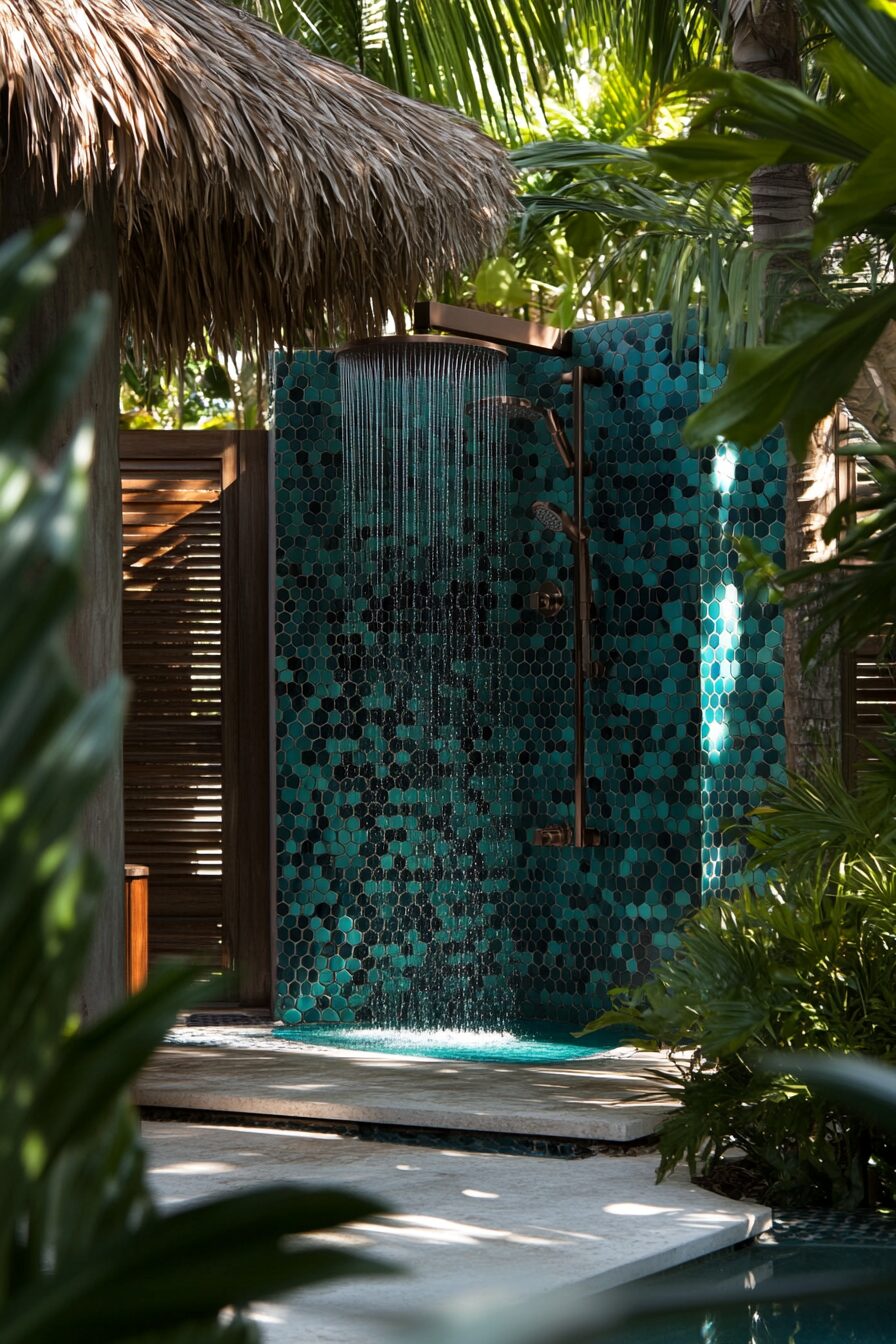 Pool house. Indoor-outdoor shower with aquamarine hexagonal tiles.