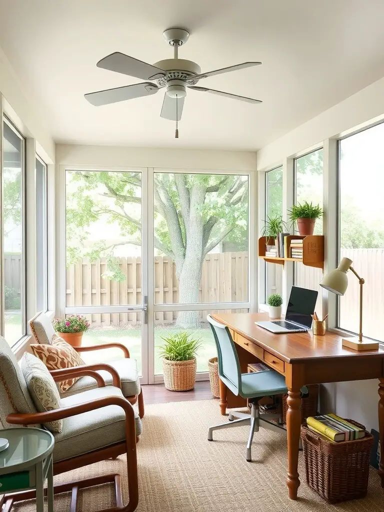 A cozy screened-in back porch featuring a wooden desk, laptop, and comfortable seating with potted plants.