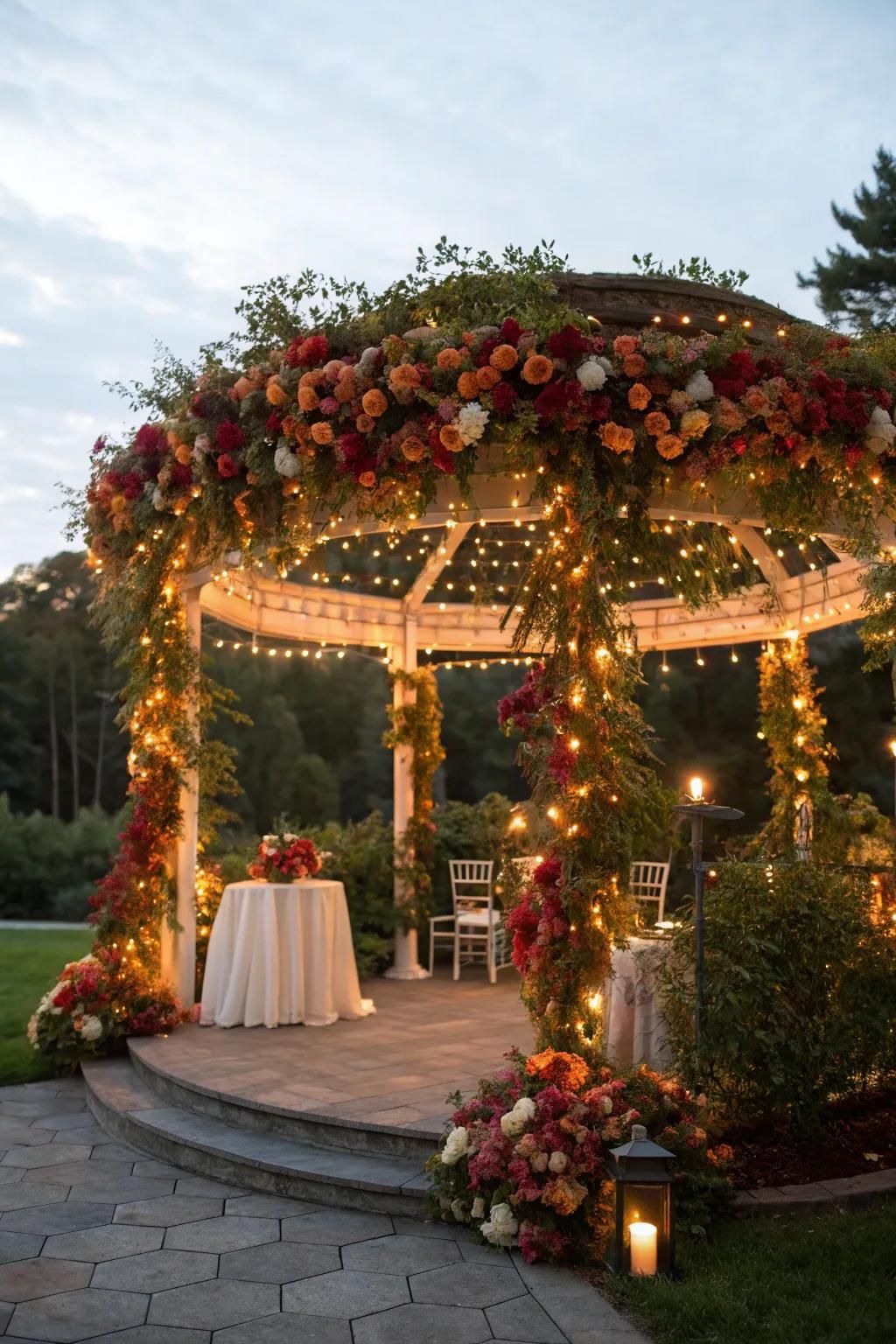 Seasonal decor on a pergola reflects the beauty of changing seasons.