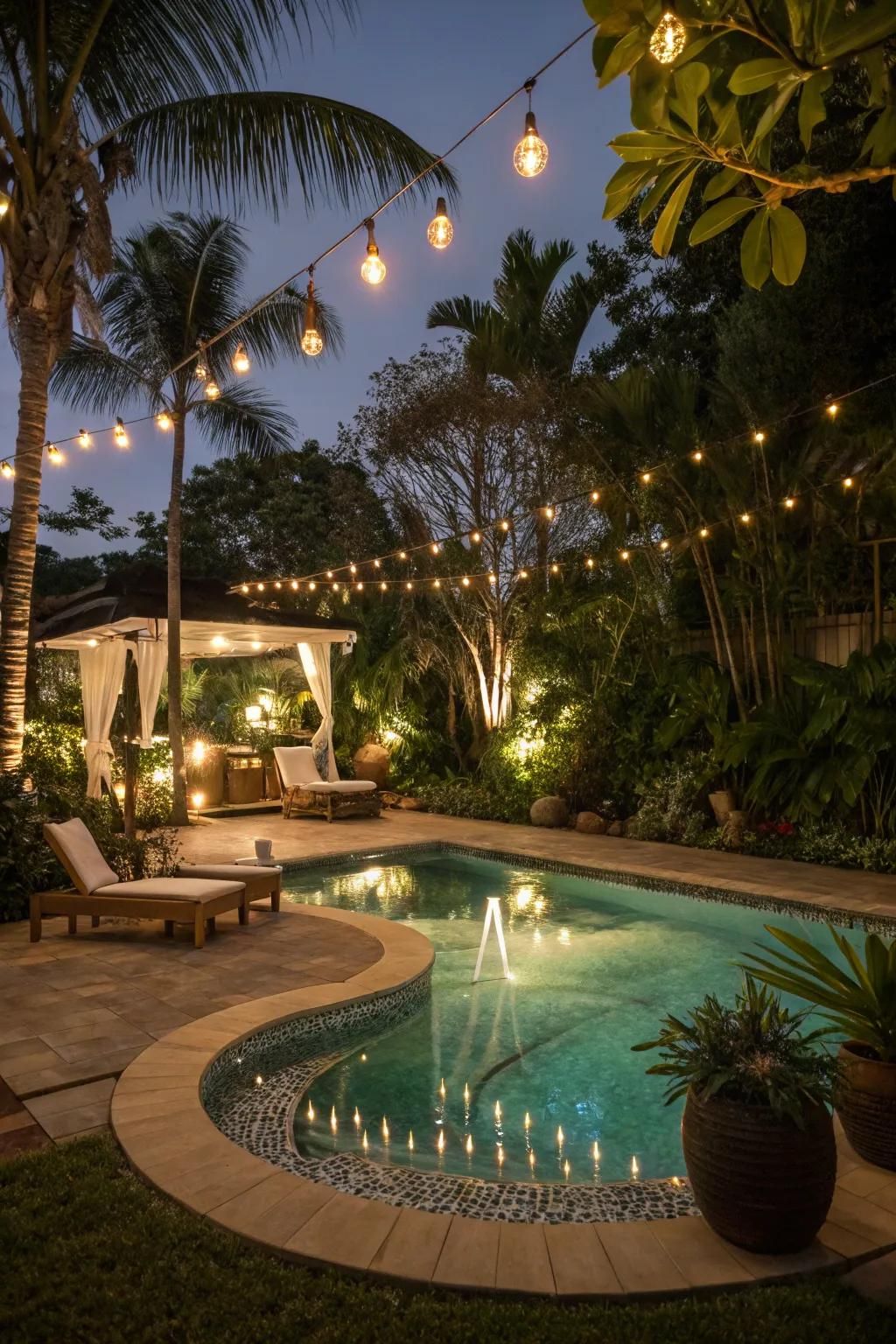 Outdoor lighting transforms your pool into a nighttime oasis.
