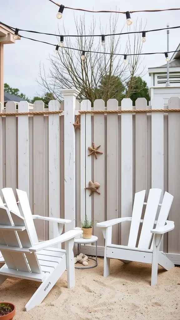 A coastal-themed privacy fence with rope accents, white Adirondack chairs, and string lights.