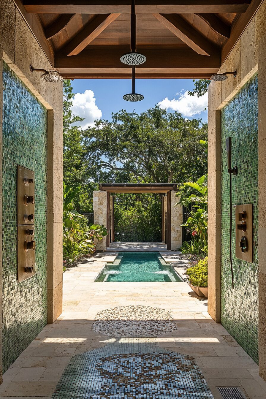 Luxe pool house. Indoor-outdoor shower with mosaic tile details.
