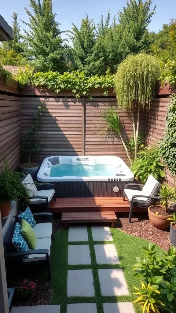 A small garden featuring a hot tub surrounded by plants and seating.