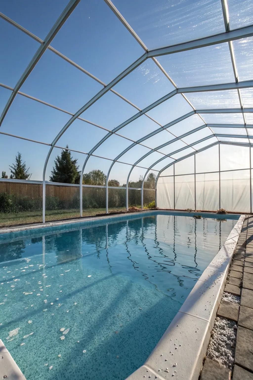 A solar greenhouse effect keeps your pool warm and cozy.