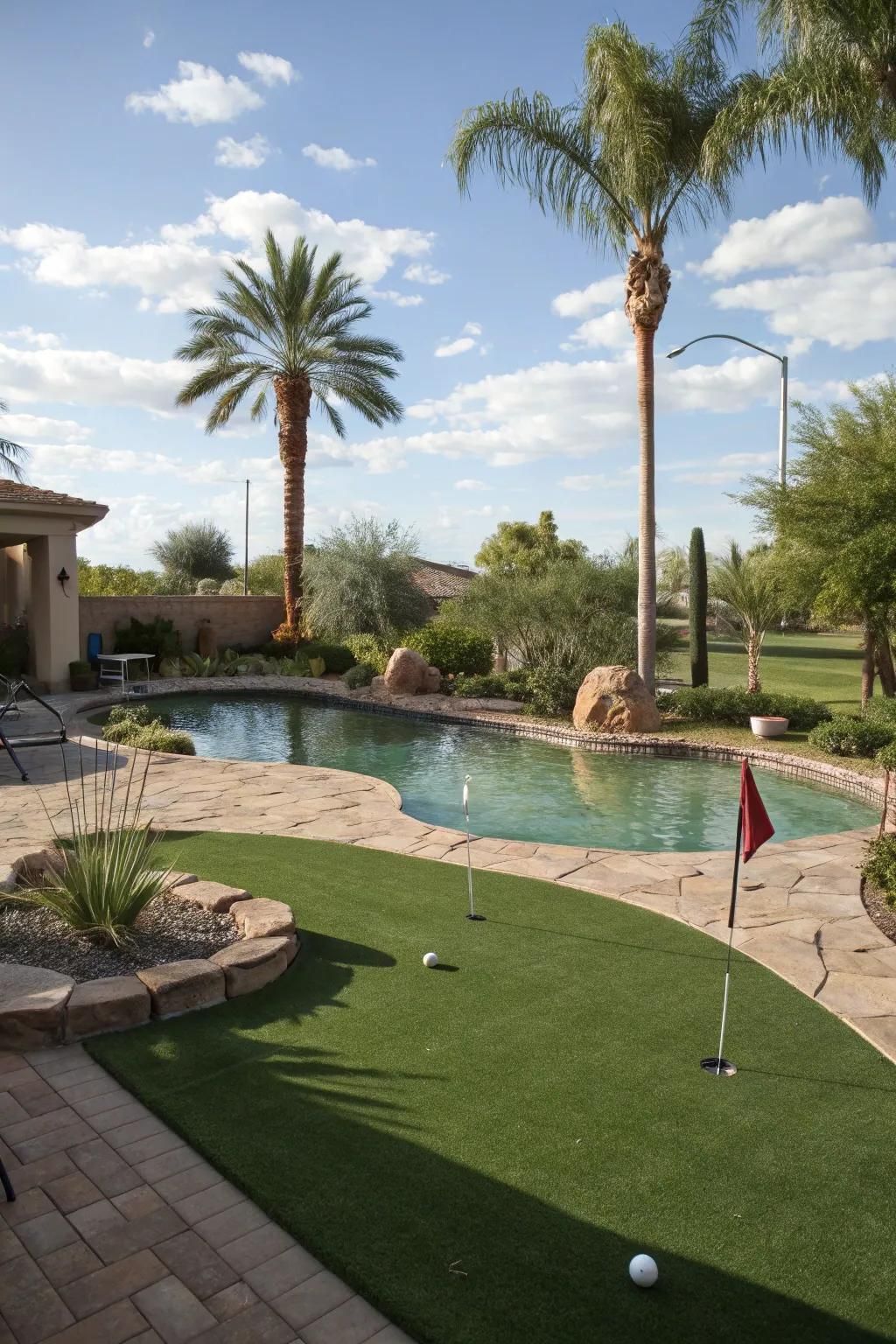 Putting greens add a playful and sporty element to pool landscapes.