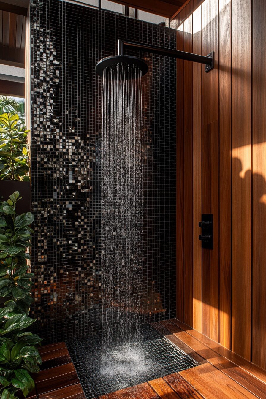 Pool house. Indoor-outdoor shower with black mosaic tiles and mahogany wood encasing.