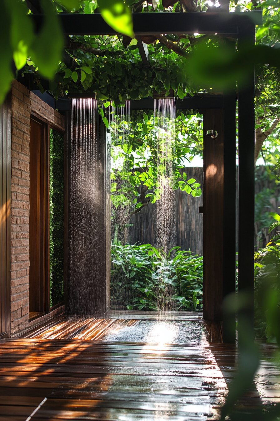 Pool house. Indoor-outdoor shower with rainfall fixture and teak flooring.