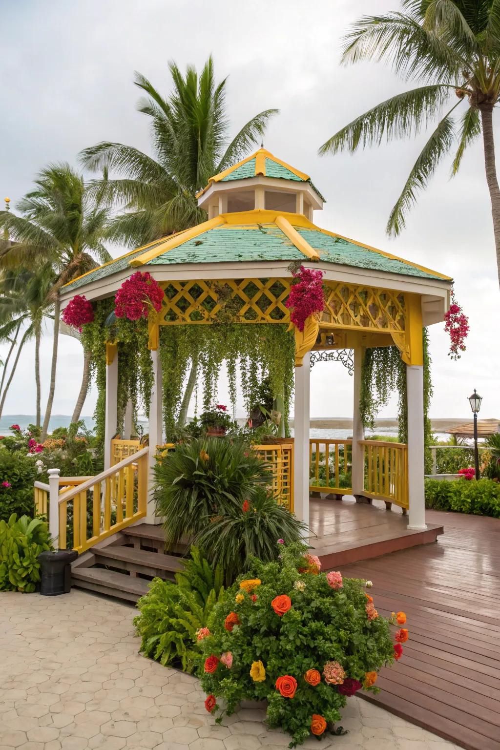 Escape to the tropics with a vibrant gazebo on your deck.