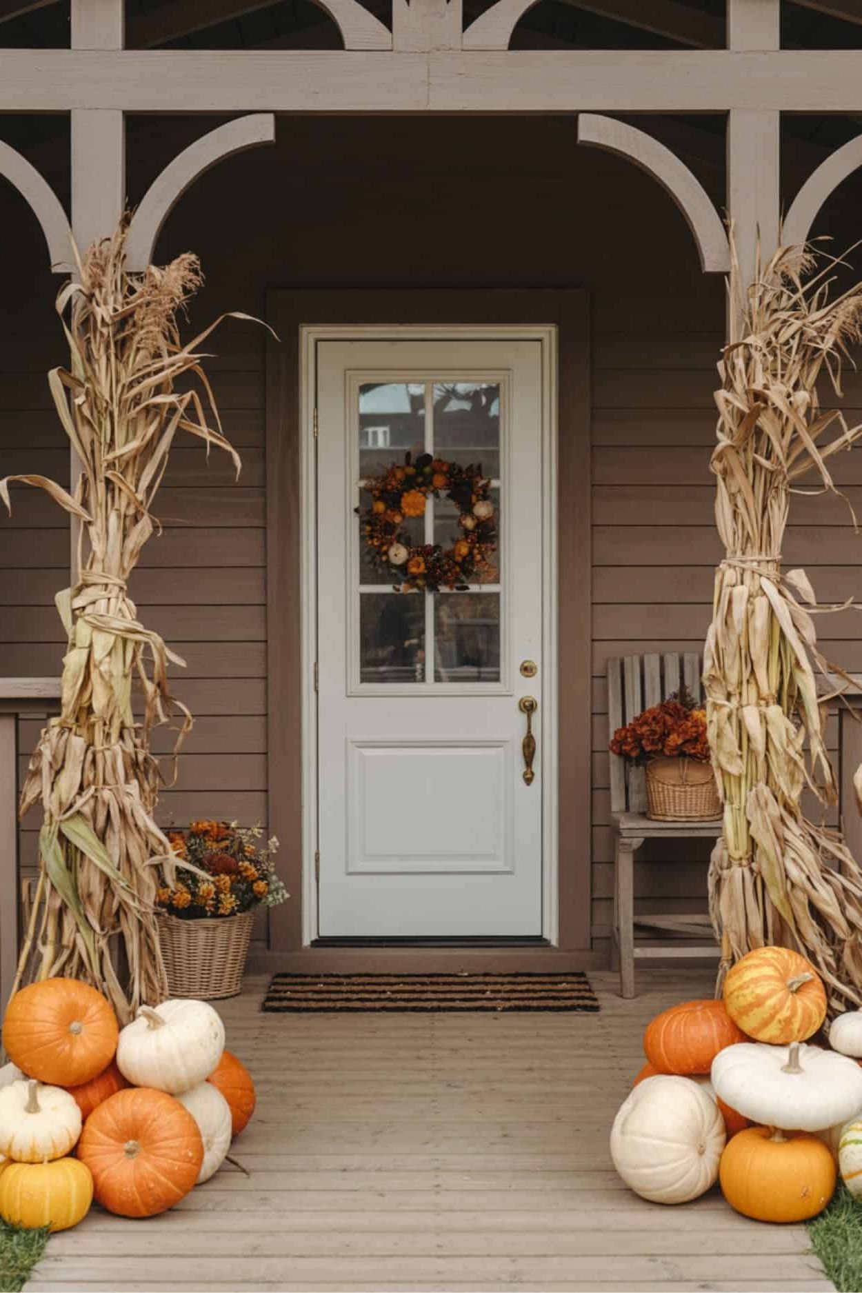 Cornstalk Porch Entry with Stacked Pumpkins