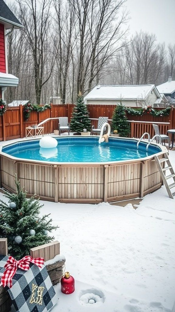 A winter-themed above ground pool setup with snow, decorated trees, and festive ornaments.