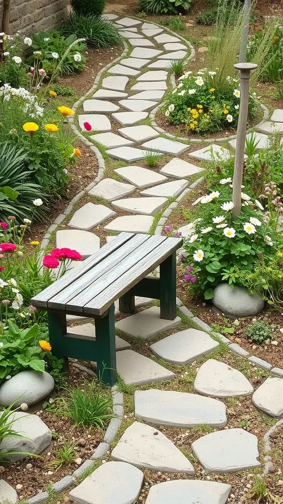 A rustic stone pathway lined with colorful flowers and a small bench in a garden.