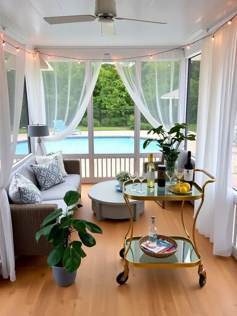 Cozy screened-in back porch with a bar cart, lounge seating, and a view of the pool