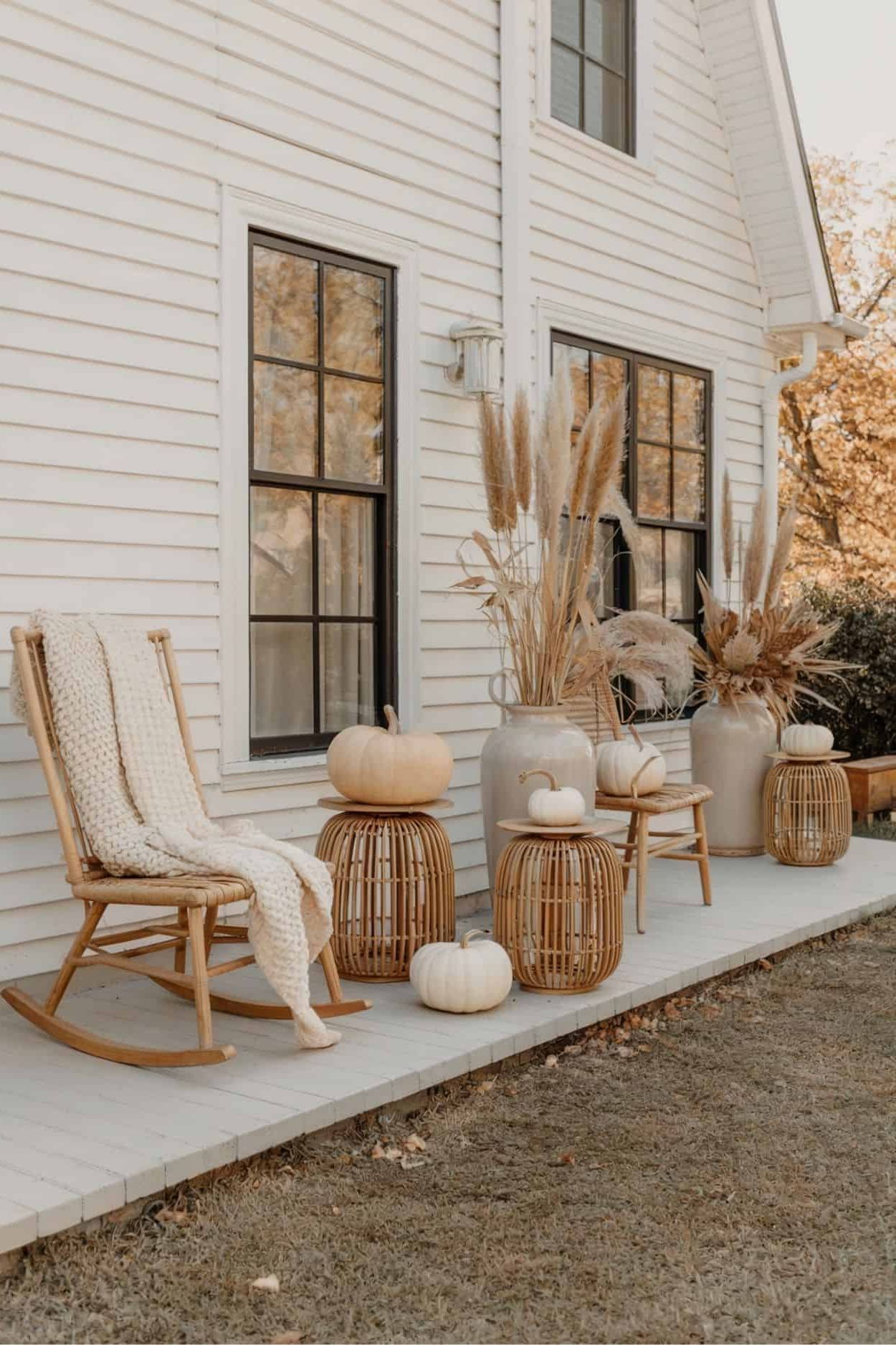 Dried Grasses and Pumpkins on a Porch Patio