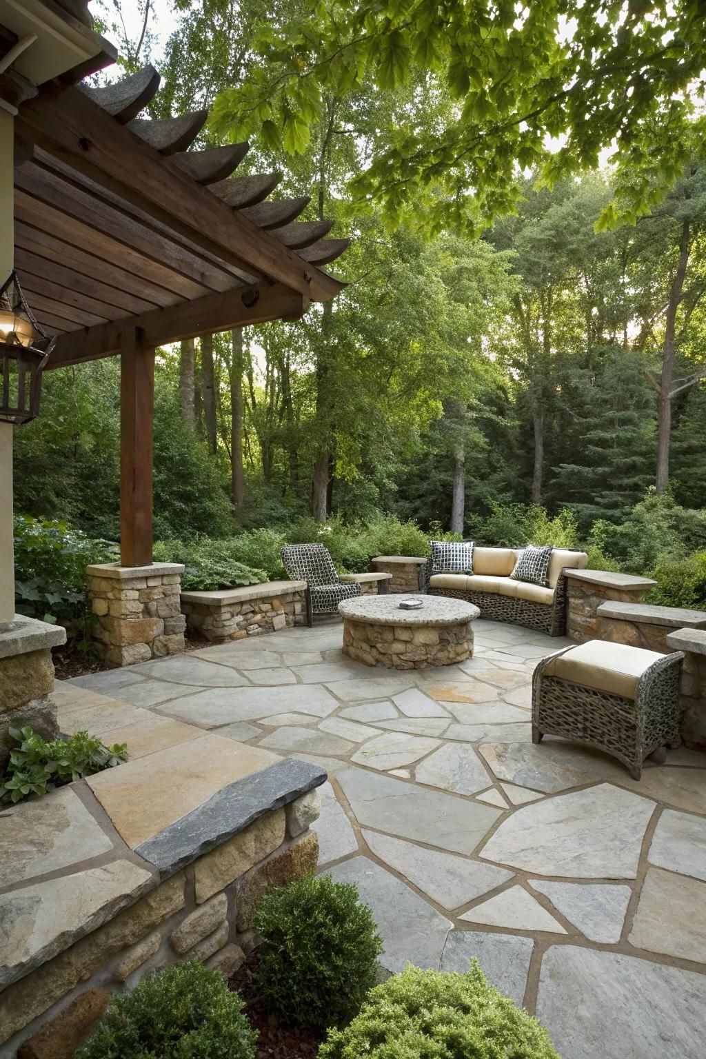 Natural stone brings an elegant touch to this detached patio.