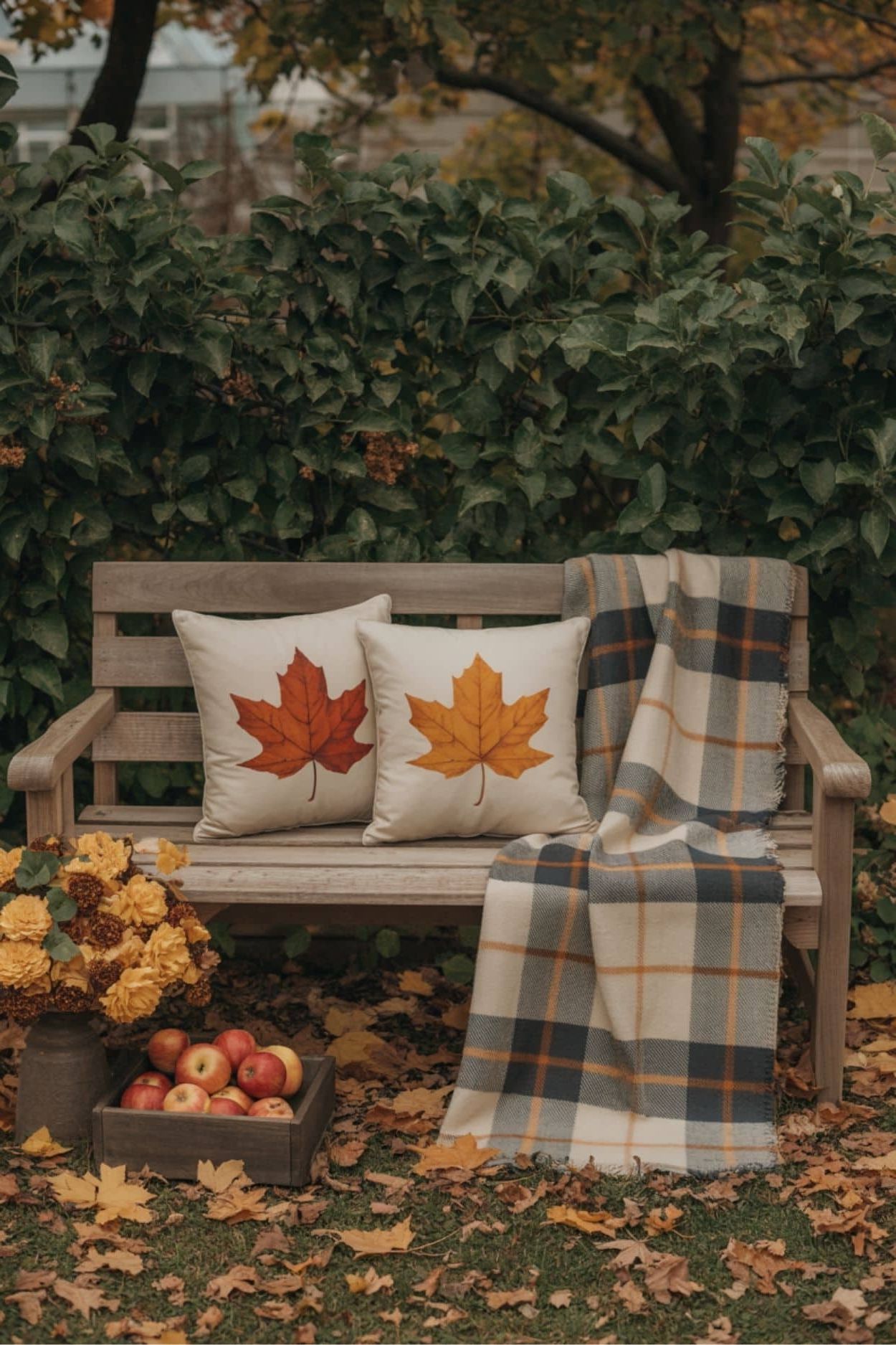 Leaf Pillow Bench with Fall Apples and Plaid