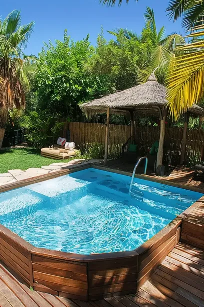 above ground pool with hut and chairs shade