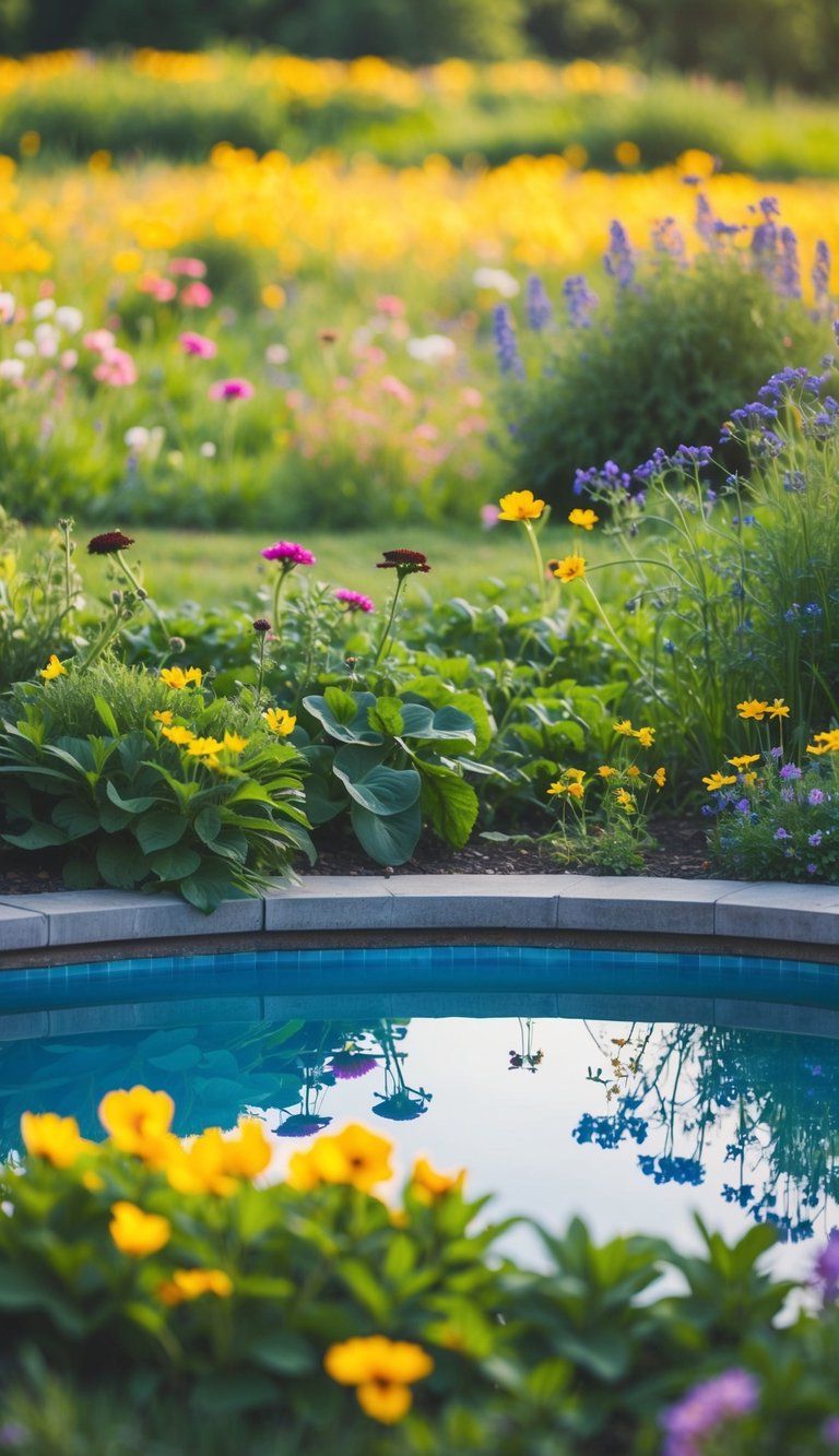 A serene meadow with vibrant flowers and a shimmering pool nestled among lush greenery