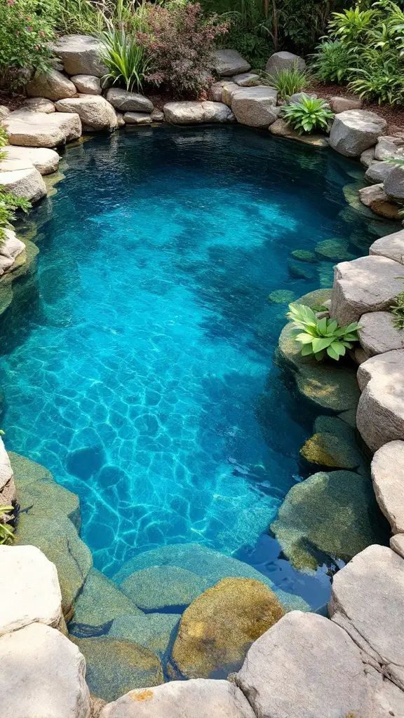 Small pool surrounded by natural stone and lush greenery