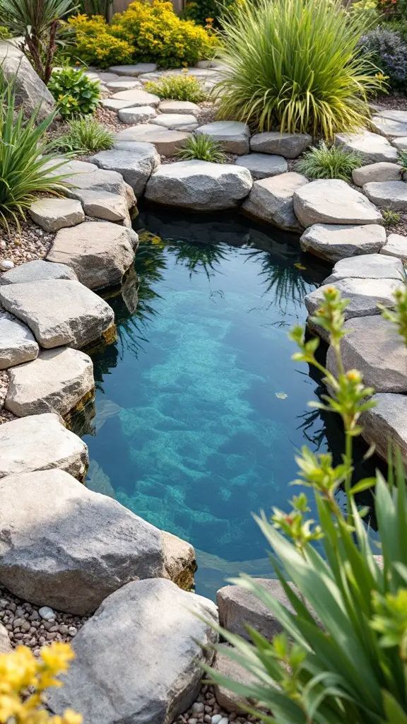 A small dipping pool surrounded by natural stone and greenery.