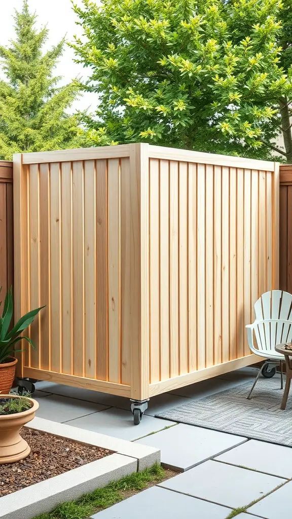 A wooden moveable privacy fence panel on wheels in a backyard setting