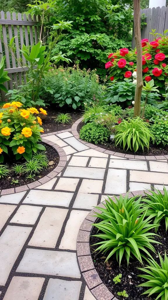 A beautifully paved garden pathway surrounded by colorful flowers and greenery.