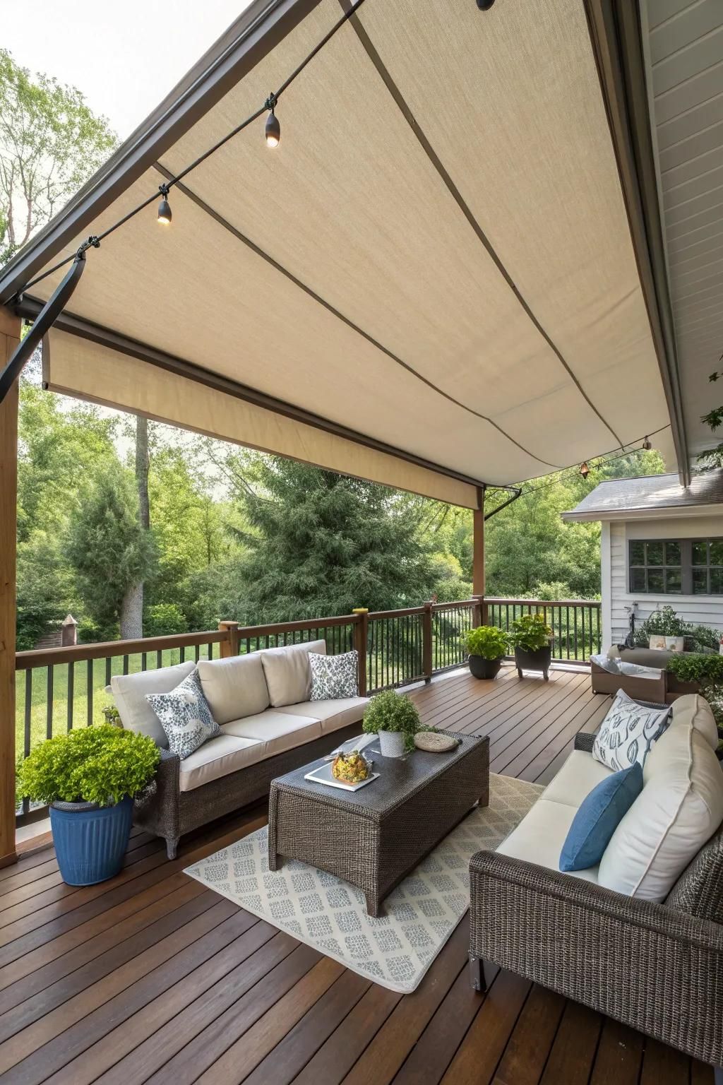Canvas awnings offer adjustable shade with a touch of elegance.