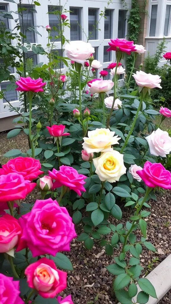 A vibrant rose garden featuring pink and white roses, creating an elegant and fragrant display.