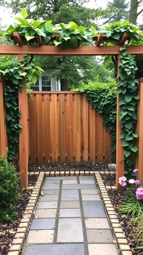 A wooden trellis with climbing plants leading to a wooden privacy fence, framed by a stone pathway and colorful flowers.