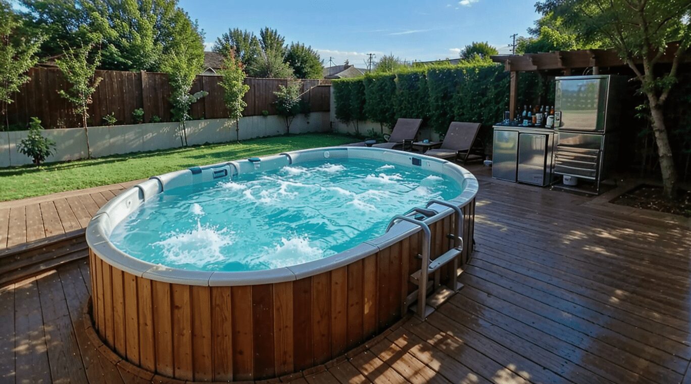 above ground pool with mini fridge bar drinks
