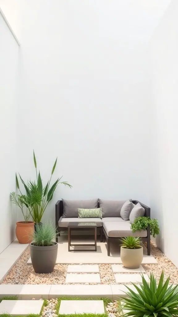 A cozy modern patio with minimalist furniture and plants.