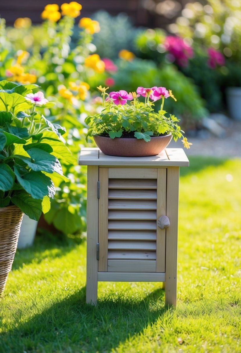 A small, wooden plant stand sits in a sunlit garden, surrounded by vibrant flowers and green foliage. The shutter design adds a rustic touch to the space