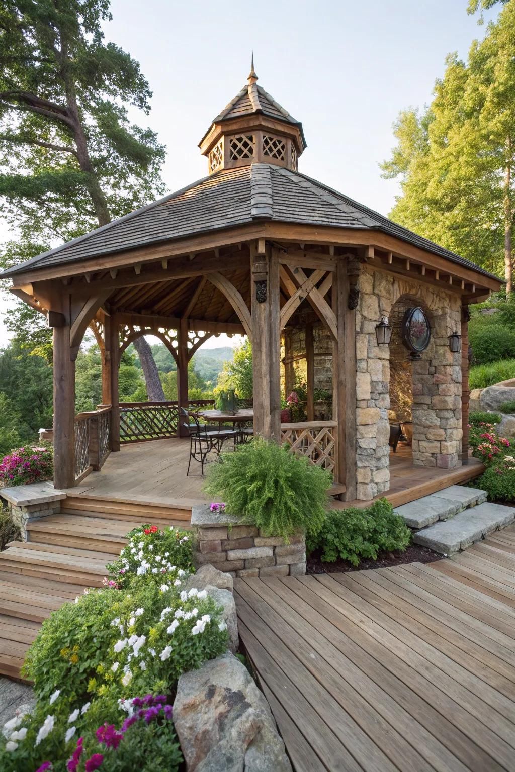 Add rustic charm to your deck with a wood and stone gazebo.