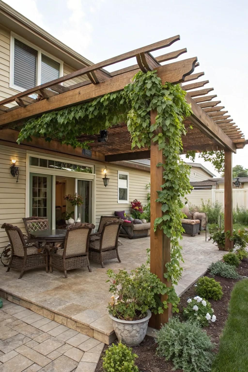 A pergola over a patio that defines an inviting outdoor living space.