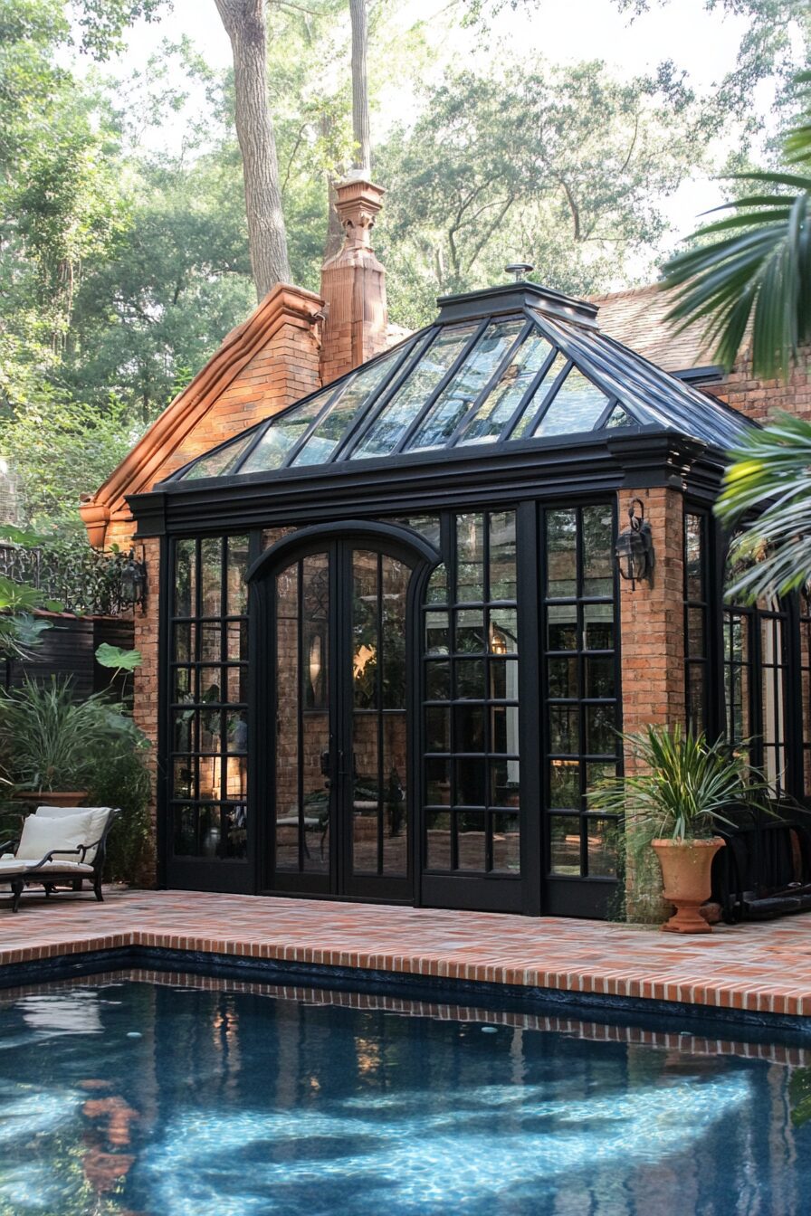 Pool house. Glass-encased cabana with vaulted ceilings and outdoor wrought-iron shower.